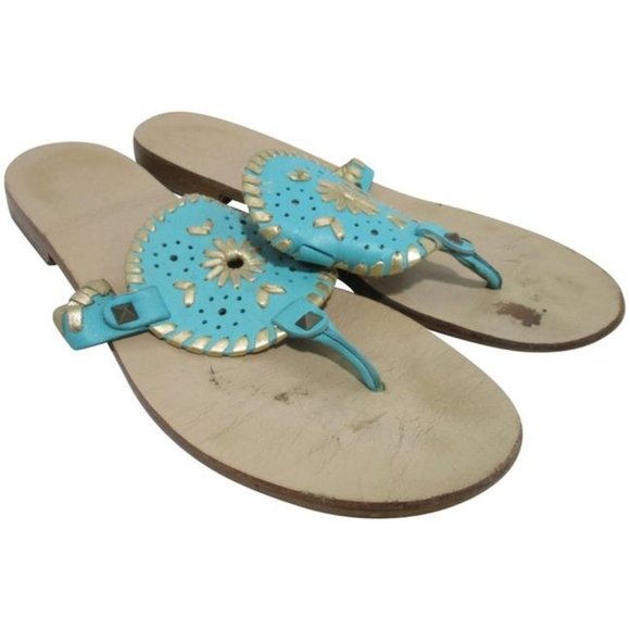 *Jack Rogers Teal Aqua And Metallic Gold Southwest Inspired Thong Sandals - Picture 1 of 6